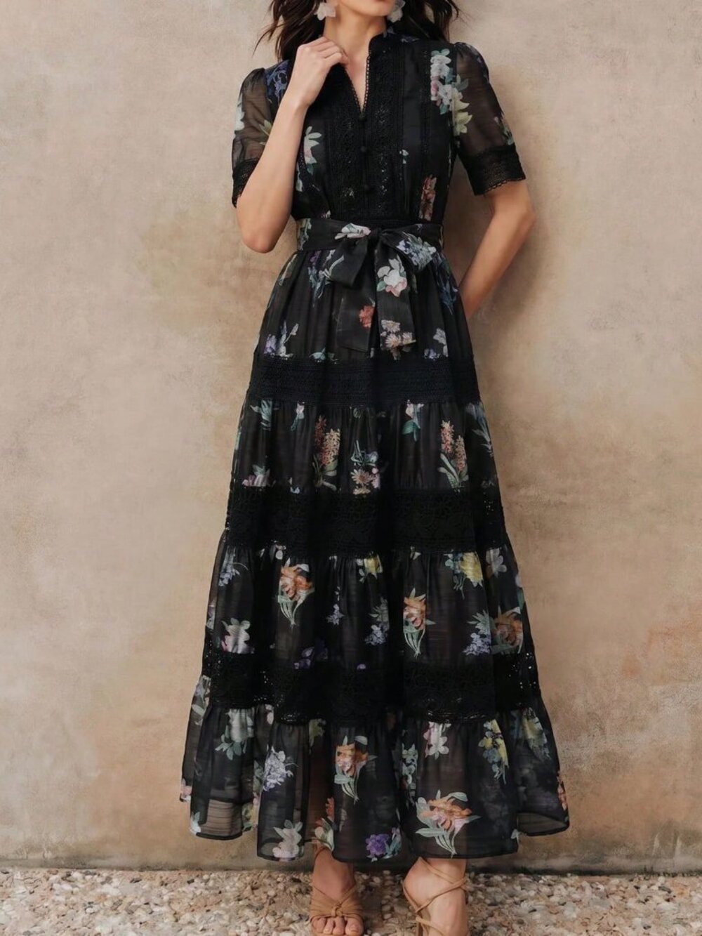 Black Boho Women's Floral Pattern Patchwork Lace Trim Dress - Picture 5 of 8